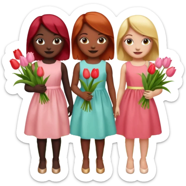 girls at a garden party wearing pastel dresses and holding tulips, one is black, one is blond, one has brown hair, one has red hair sticker
