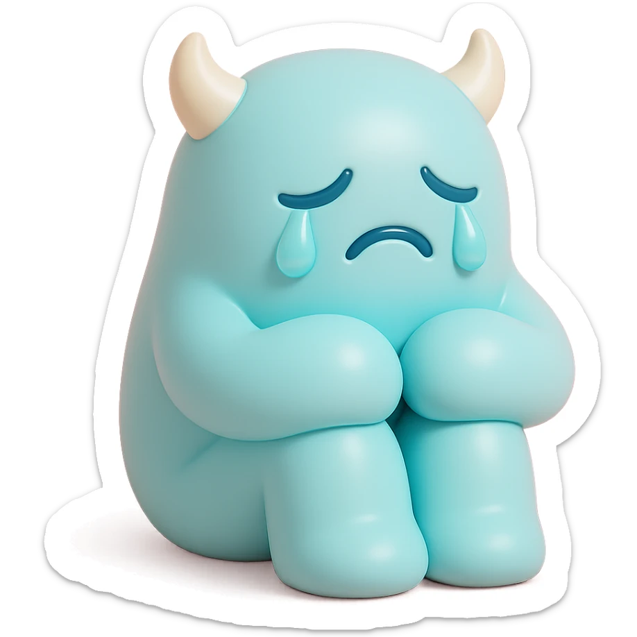 sad monster sitting with its knees up, crying, small horns, pastel color palette, no background, vinyl figure style sticker