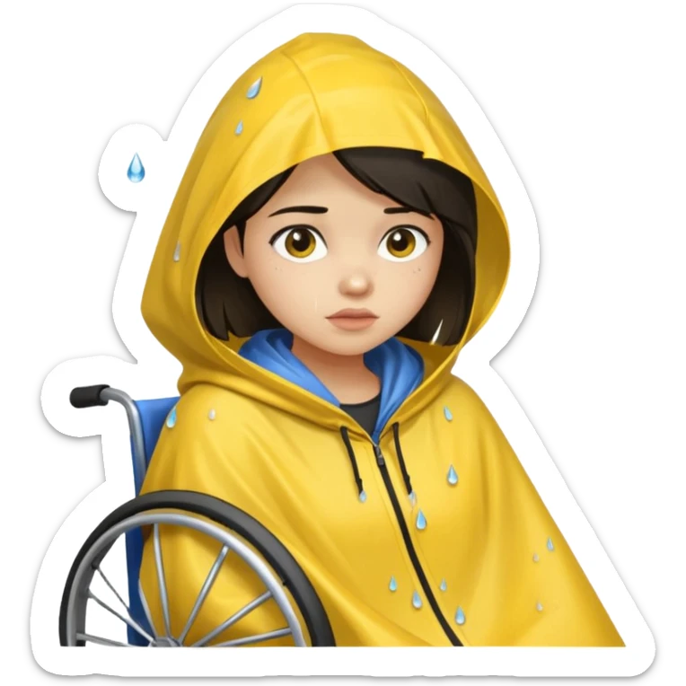 Girl with dark hair  in a wheelchair with rain poncho sad with raining  sticker