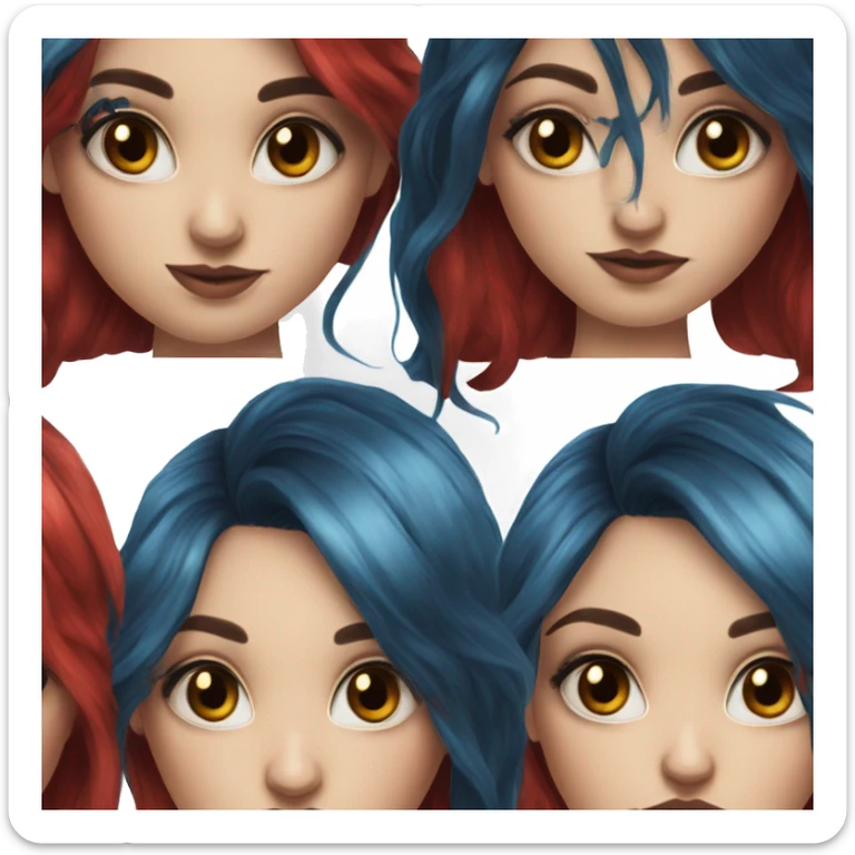 Hyperrealistic girl with blue eyes and long black and red hair and arm tattoos sticker