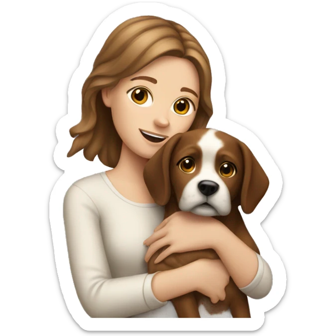 White girl with brown hair holding dog sticker