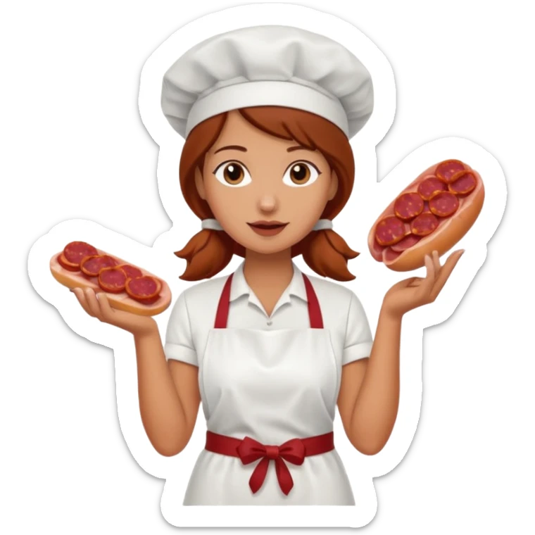 Charcuteraa con un chorizo y embutido en la mano con una redecilla en el pelo y delantal blanco sticker