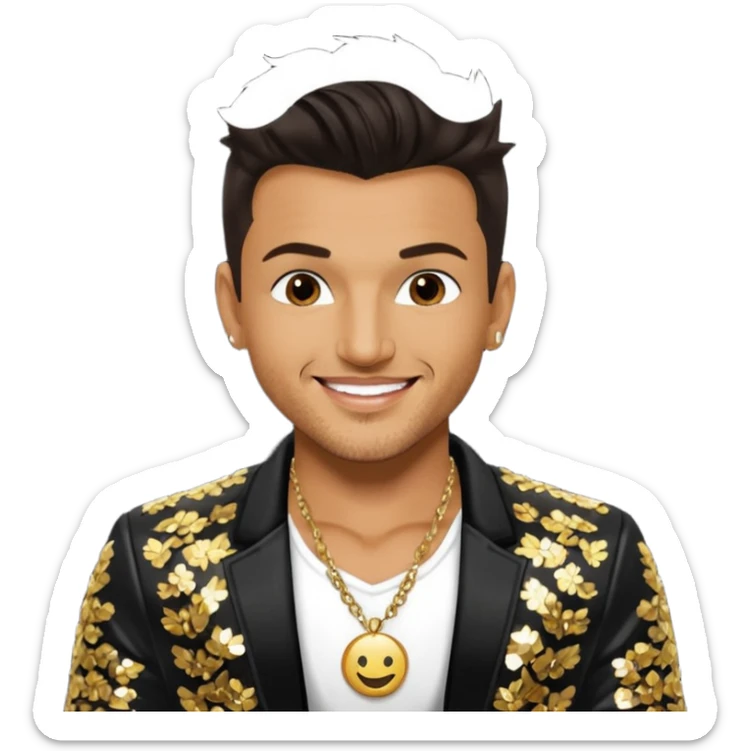 Peter Andre with dark brown hair, black sequin jacket, shirtless with necklace sticker
