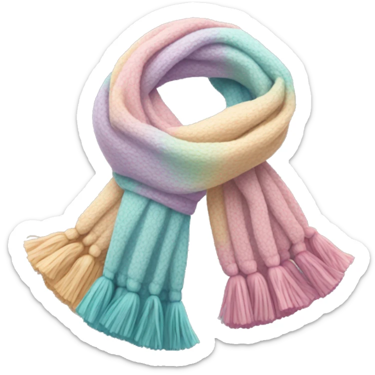 Scarf: pastel colors, with a cozy texture, and tassels on the ends of the scarf. sticker