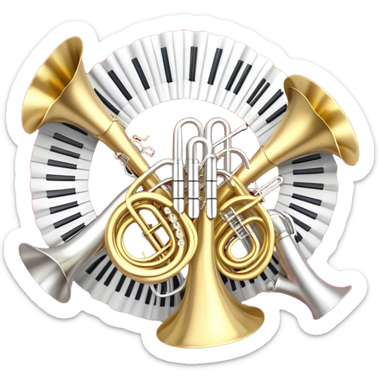 Create a festive and elegant emoji collage featuring a bouquet or fan of bells of wind instrument  (trumpets, saxophones, trombones, tubes, etc.) arranged in a radiant, symmetrical pattern. The instruments should have polished, golden and silver finishes, with their large, shiny bells forming a beautiful, fan-like display. Include a flowing ribbon of musical notes swirling through the center, conveying movement and melody. The background should feature a deep red velvet texture, adding a touch of luxury and sophistication. The overall composition should be balanced, with an elegant and regal feel, with a transparent background to keep focus on the instruments and musical elements. sticker