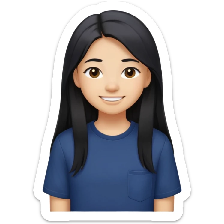 a young teenage girl with light tan skin, she is smiling with mouth closed/not showing teeth, all her hair is behind her shoulders, she has a  long black really-straight hair, dark brown eyes, navy colored oversized short-sleeved shirt. sticker