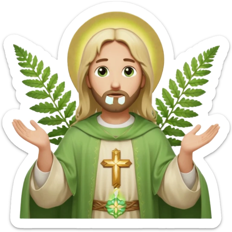 Jesus, green eyes, blonde hair, light green chasuble. opening arms, gazing thoughtfully. Soft light, subtle fern. Waist-up, profile. sticker