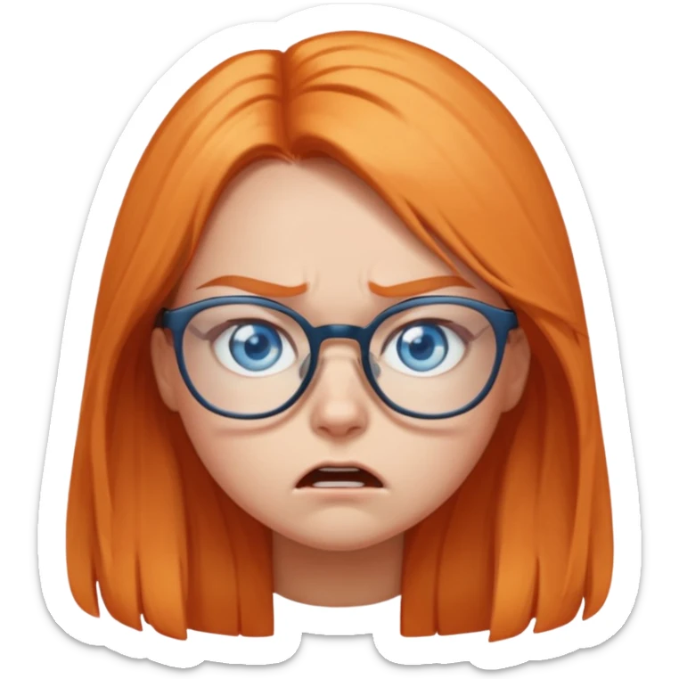 a girl with blue eyes, glasses and light orange long hair angry sticker