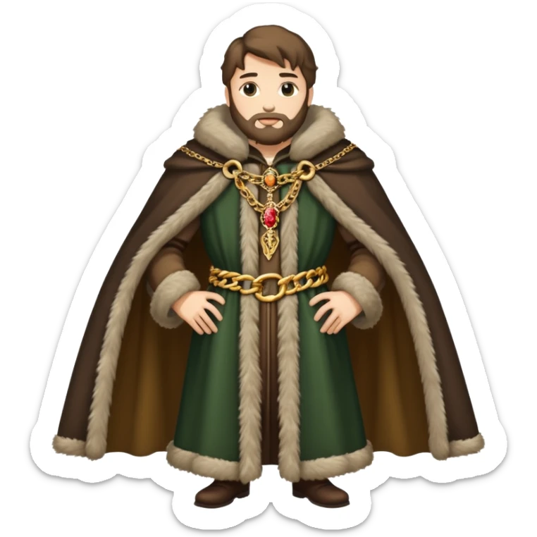 Full body of wealthy medieval merchant in fine clothes, fur-trimmed cloak, and gold chain sticker