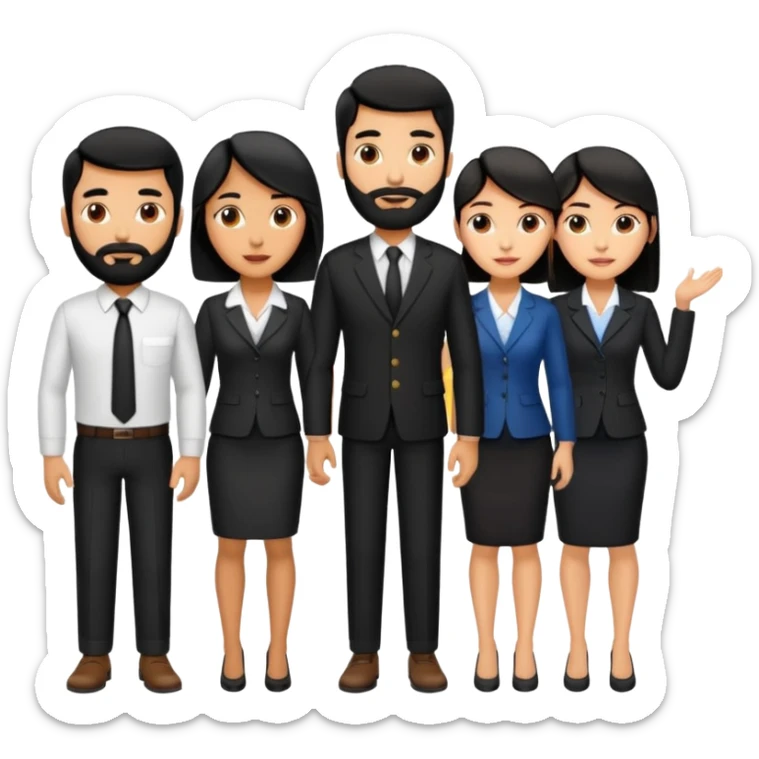 4 people, one man with beard, one man and two women,yellow skin office style,black hair,  sticker