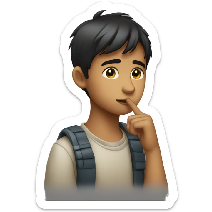 A close portrait of a young boy with his finger on his chin looking like he is in deep thoughts sticker