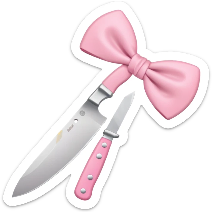 Cute emoji style illustration of a kitchen knife with a pink bow tied directly around the handle of the knife, not floating, not separate, kawaii style, rounded shapes, pastel colors, friendly look, flat vector design, white or transparent background, simple emoji icon sticker