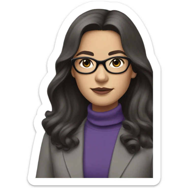 Tv show young Diana Prince wearing grey suit with silk voile purple turtleneck and black eyeglasses, long flowing hair  sticker