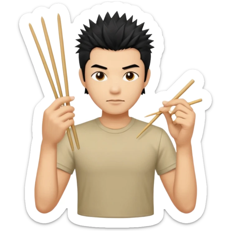 Make it a vietnamese male with spiky black hair hold ONE pair of chopsticks, t-shirt sticker