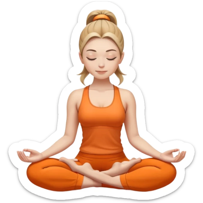 white woman with ponytail hairstyle in lotus position meditation yoga pose, closed eyes, relaxed face, wearing orange yoga outfit sticker