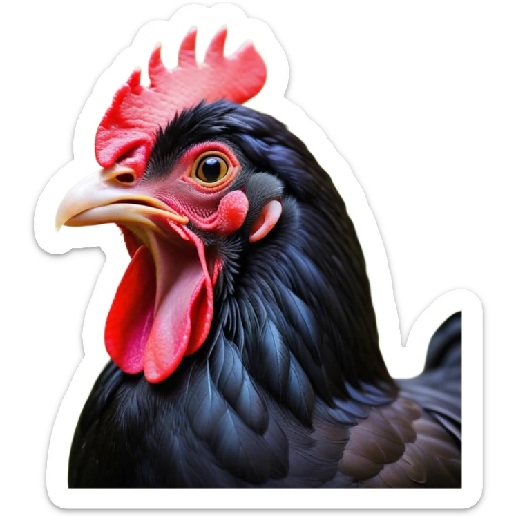 Cinematic Cute Yawning Black Chicken Portrait Emoji, Head tilted slightly with a dramatic, wide-open yawn, showcasing a soft, glossy black plumage with subtle hints of iridescence and a distinctive red comb, floppy wings slightly drooping, round beady eyes barely open in drowsy contentment, Simplified yet irresistibly adorable features, highly detailed, glowing with a soft, cozy glow, high shine, relaxed yet expressive, stylized with a touch of whimsy, bright and endearing, soft glowing outline, capturing the essence of a sleepy yet affectionate chicken, so drowsy it feels like it could stretch out of the screen and curl up for a nap! sticker