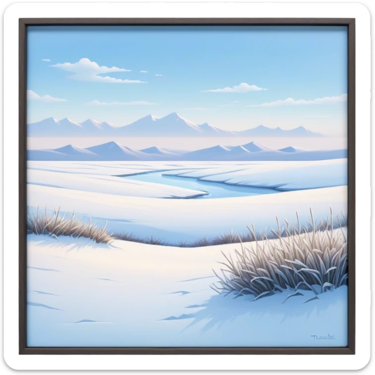Cinematic Realistic Tundra Emoji in a wooden frame, Vast and cold, with wide expanses of snow-covered ground, sparse grasses poking through, and the occasional hardy shrub breaking up the pale white landscape. The sky above is a pale, frosty blue, and the light reflects off the snow, creating a serene yet starkly beautiful environment. Soft glowing outline, capturing the essence of a quiet, still, frozen wilderness where life endures despite the harsh conditions. sticker