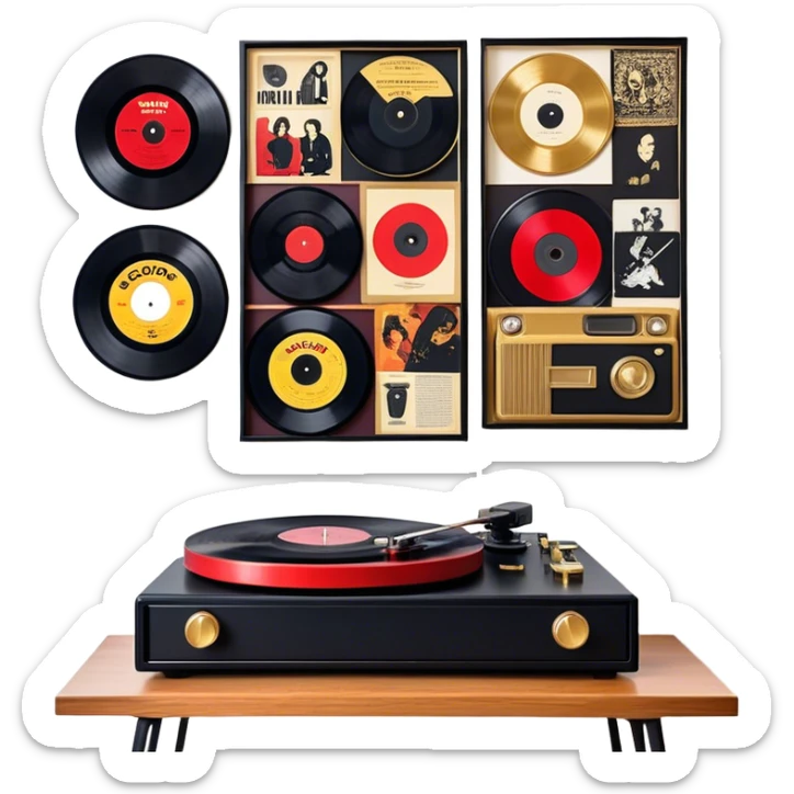 Icon for Vinyl Record Collecting: large black, golden and red vinyl records in decorative packaging featuring artist images, neatly arranged on a wall or shelf, modern vinyl record player. The icon should reflect the aesthetic and artistic aspect of collecting vinyl records. Transparent background. sticker