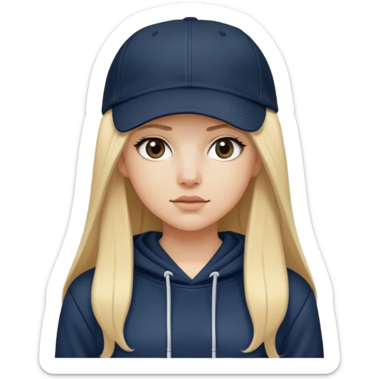 White girl with long straight blonde hair with a middle part wearing a black baggy hoodie with a navy blue baseball cap on. Make the hoodie black with no strings on it  sticker