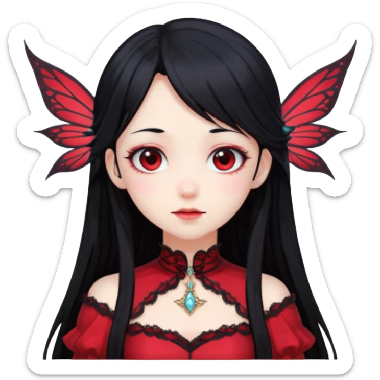 Gothic anime fairy with long beautiful black hair and red dress, pastelcore, sticker