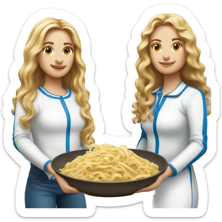 2 women, one with straight long blonde hair and the other with long brown curly hair. Both wearing long sleeved blue and white shirts. Holding Plate of pasta. sticker