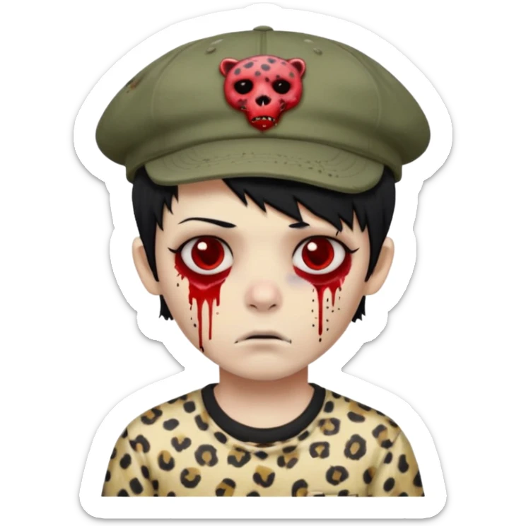 Zombie Boy with black hair and a little blood on his face and sleepy eyes and a cap that has the phrase #jimmy written on it , and a shirt with cheetah texture emoji emo sticker