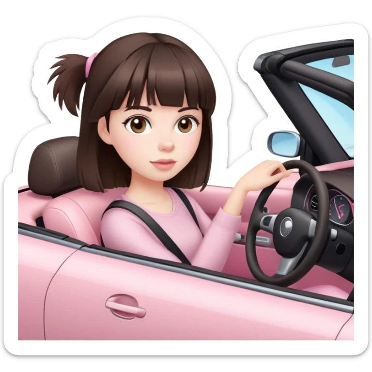 girl with dark brown hair with bangs and pale skin driving convertible car with light pink interior sticker