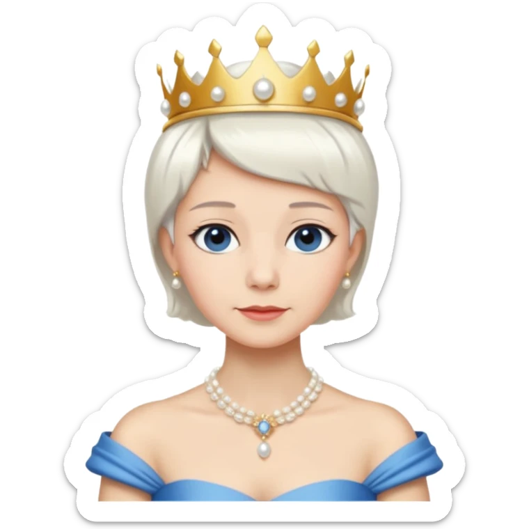 Queen with white short hair – gold tiara, pearl necklace, elegant gown, blue dress sticker