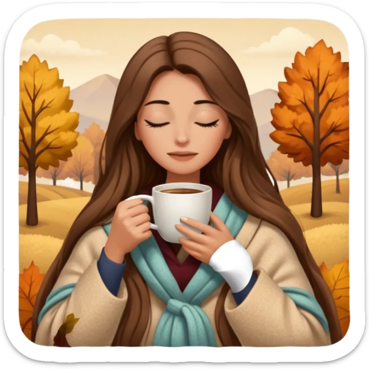 long brown hair woman closed eyes hiding under a cozy wool beige blanket, holding cup of coffee, autumn mood sticker