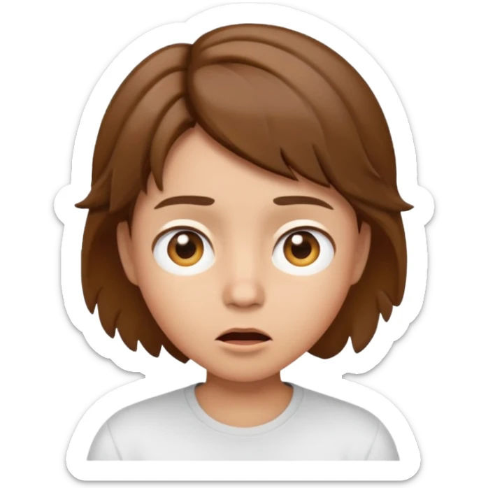 face emoji inspired by a person with short tousled brown hair, surprised expression, light skin, wearing a white shirt sticker
