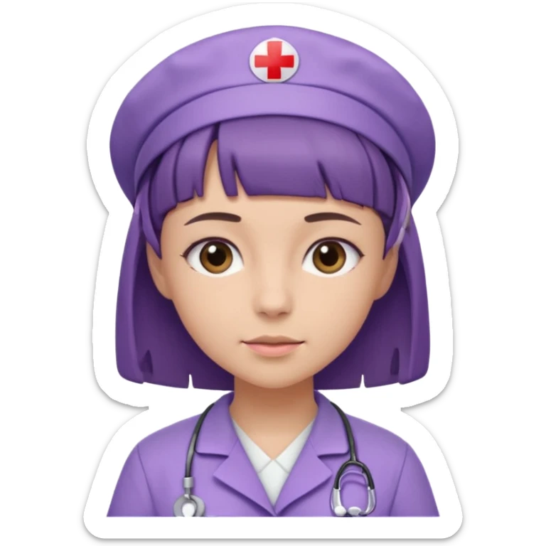A young female slim nurse with short Brown hair with fringe over her forehead, wearing larvendar purple working cloth sticker