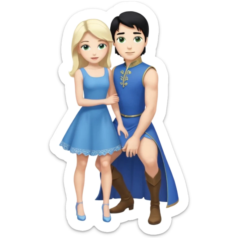 prince, upright, black Hair, blue eyes, blue garment,  Woman, blonde Hair, Green eyes, bending knee, sleveless, white Dress, sticker