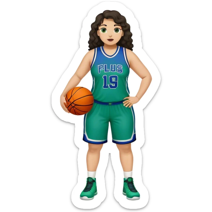full body plus size light skin latino women basketball player with wavy dark hair large wide nose wearing blue with green uniform sticker