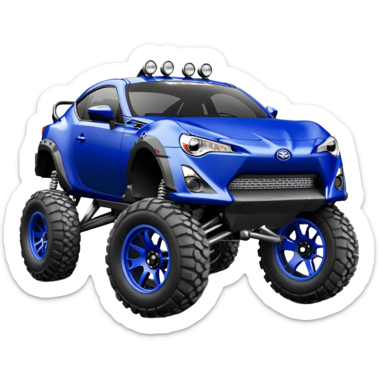 Armored Dirty raced redneck jacked 2013 scion fr-s ultramarine off road 4wd monster Baja dessert stadium rock racer number 86 with long travel suspension, shiny silver wheels, exaggerated wide black fender flares  sticker