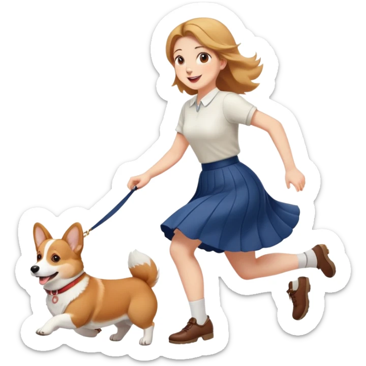 A beautiful girl with fair skin happily chases a corgi in a skirt sticker