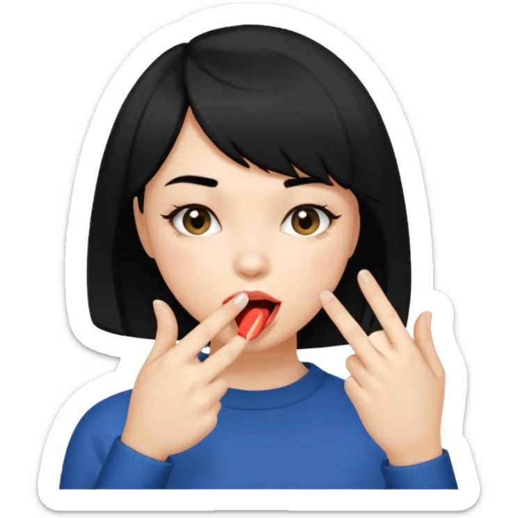 Chicas con pelo negro y corte bob haciendo que se muerde uno de sus dedos de manera picara, puedes hacer que se muerda el dedo sin sacar la lengua. Solo una mano sticker