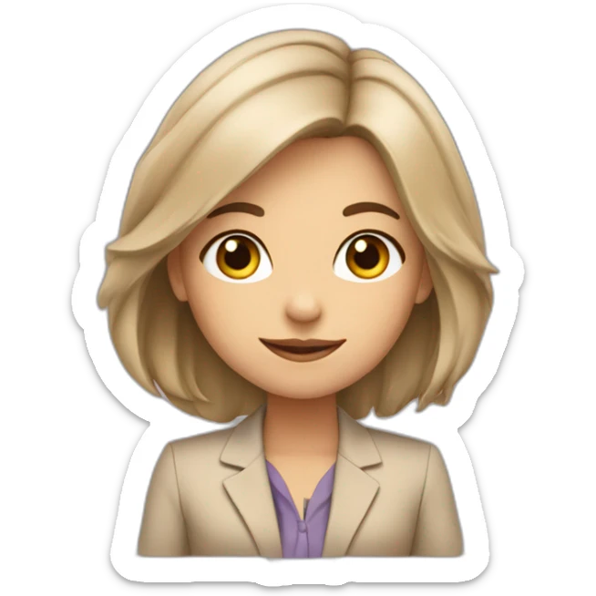A girl with gray eyes and shoulder-length hair sits in a beige business suit at a laptop sticker