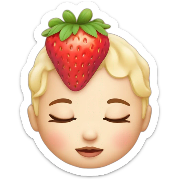 Baby face sleeping with eyes closed with a strawberry on top of the head sticker