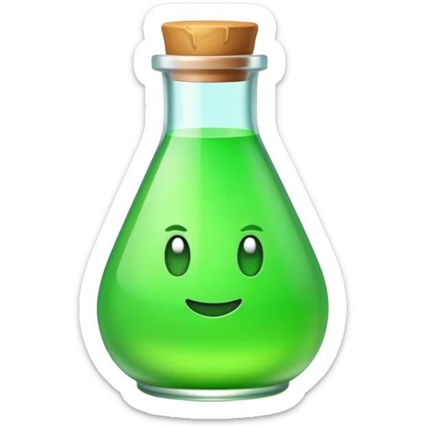Clash of Clans aesthetic: Cinematic Playful Pixel 3D green health Potion Emoji, rendered in a 3D vector-style similar to standard emojis with minimal shading and bold, simplified shapes. A compact, distinct form with signature details, softly glowing with a pixelated adventure charm. Simplified yet unmistakably iconic, highly detailed and consistent, glowing with a soft radiance and high shine. Stylized with a touch of classic pixel-art charm and a soft glowing outline, capturing the essence of a beloved gaming relic with a friendly, playful manner! sticker