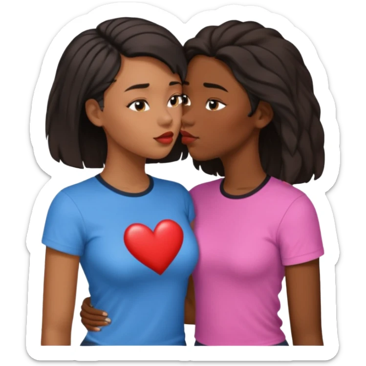 Black lesbian couple with one dark skin masculine with short haircut with a t shirt and one feminine with long hair in a blouse kissing sticker