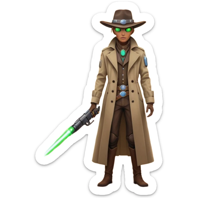 A tall alien cowboy standing in a dusty desert on an alien planet, wearing a futuristic cowboy hat and long trench coat, glowing eyes, twin plasma revolvers on his belt, dramatic sunset, cinematic lighting, ultra realistic, high detail, epic sci-fi western atmosphere

 sticker