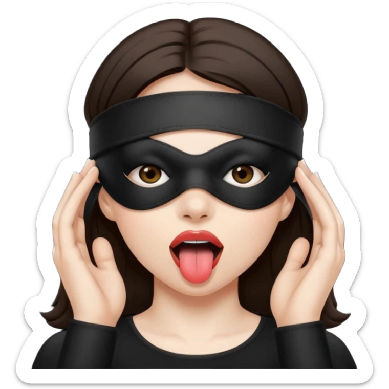 woman with dark brown hair wearing black blind fold completely covering her eyes. tongue out sticker