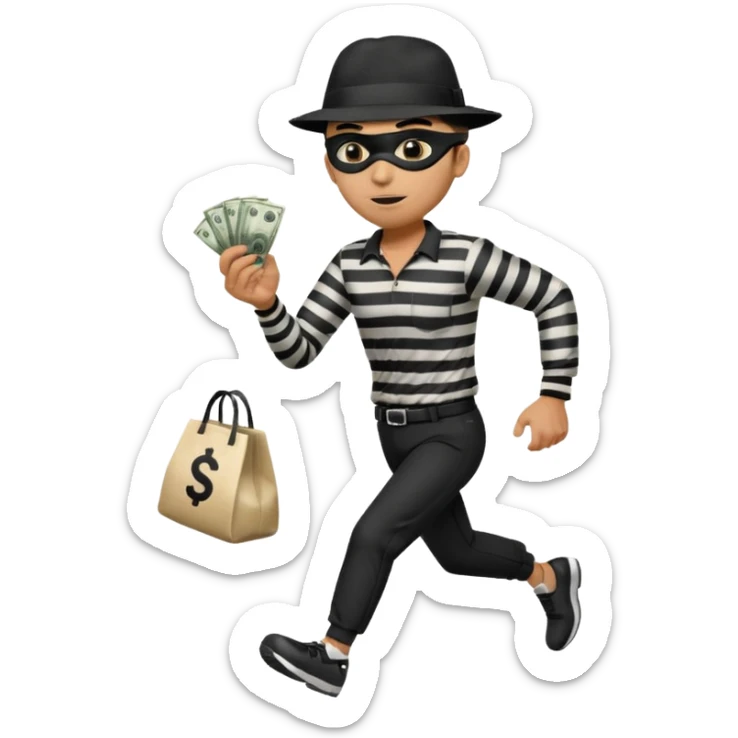 Make a man wear a black pant and he shirt is balck line and white line and wear a black hat and he holding a money bag and he running he wear a black eye thing sticker