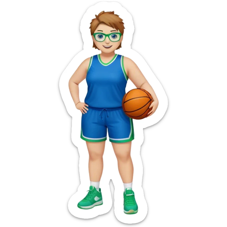 Full Body plus size white female basketball player with short light brown hair with carm highlights spike hair wearing blue glasses  wearing blue green uniform  green sneakers smiling l sticker