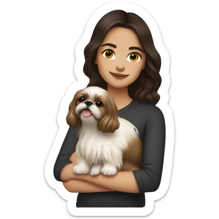 Young dark brunette hair woman with a golden shih tzu in her arms long wavy hair sticker