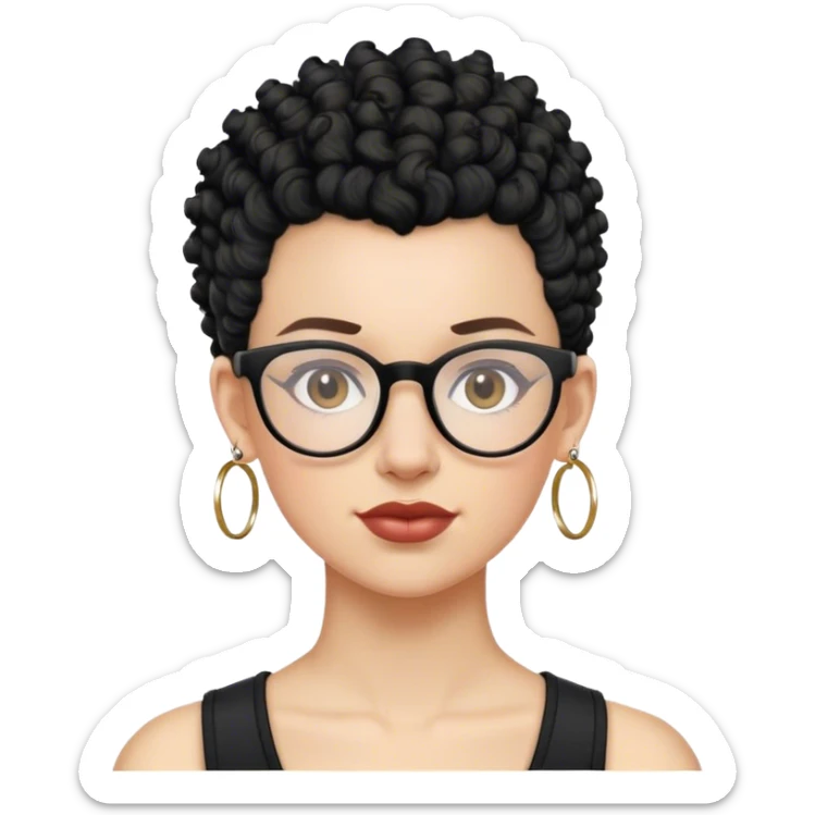 mulher branca de óculos, cabelo moicano preto enrolado, argolas pequenas de brinco sticker
