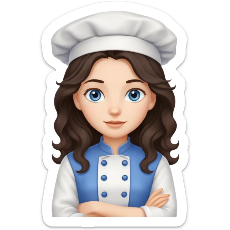 A girl with long, dark brown, wavy hair, grey-blue eyes. He cooks in the clothes of a cook sticker