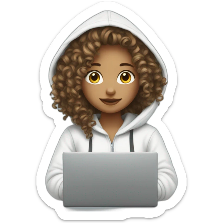 a white tenage curly girl wearing a hoodie working on a laptop sticker