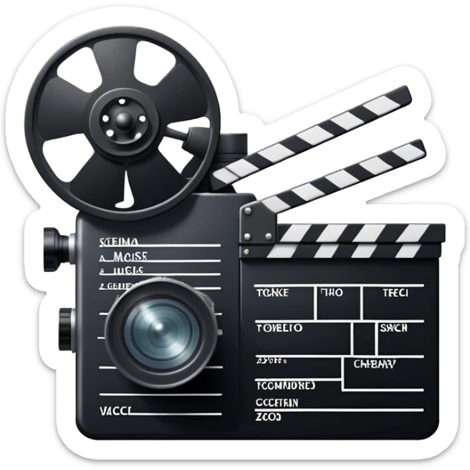 Icon for Acting in Theater and Movie: a stage with a spotlight and cinema, a film camera, a clapperboard and a dramatic mask. The design should represent both theatrical performance and cinematic art. Transparent background. sticker