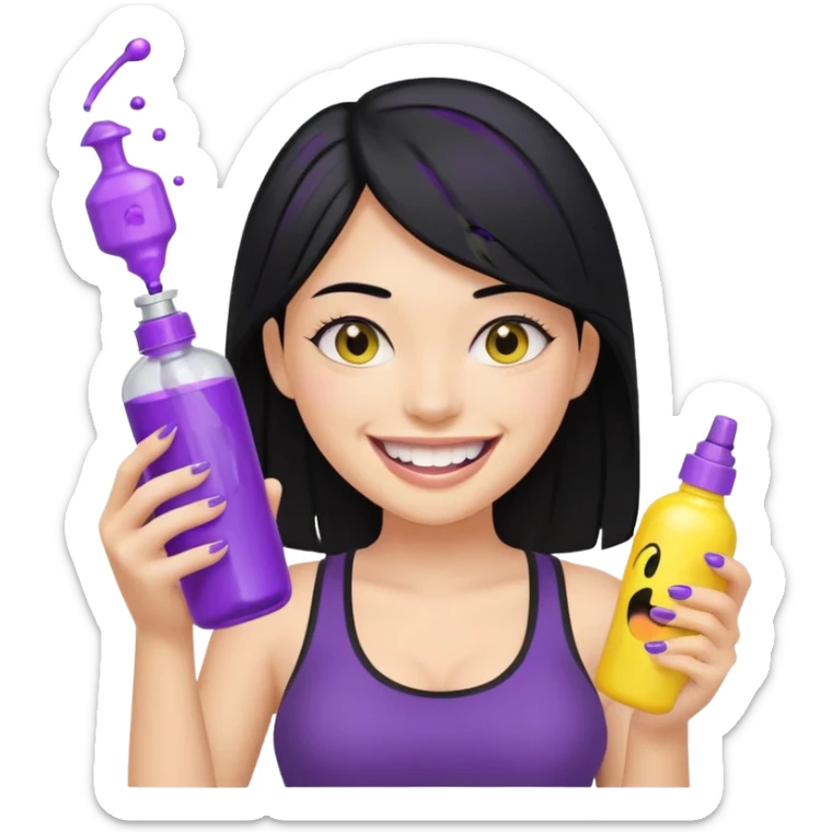 fair girl with black hair, black crop top, big smile with yellow teeth, holding purple and silver spray bottle, genmoji emoji style, reference attached can sticker
